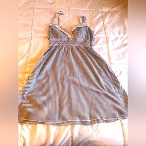 Blue and white railroad pinstripe with lace small dress. D